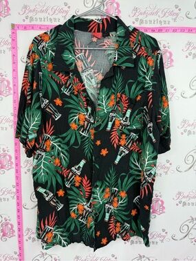Coca Cola Black Tropical Button-Up Shirt with Green and Orange Print